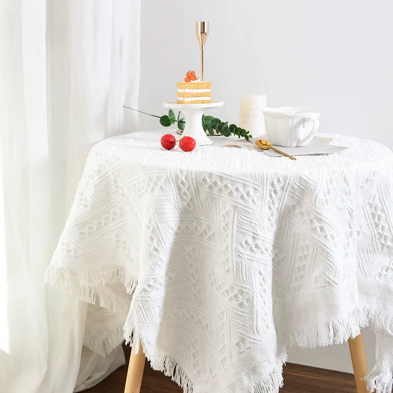 غطاء طاولة القهوة باللون الأبيض من Nordic Tablecloth Ins Style - واقي مكتب مستطيل ومستدير لطاولة السرير، مفرش طاولة الطعام