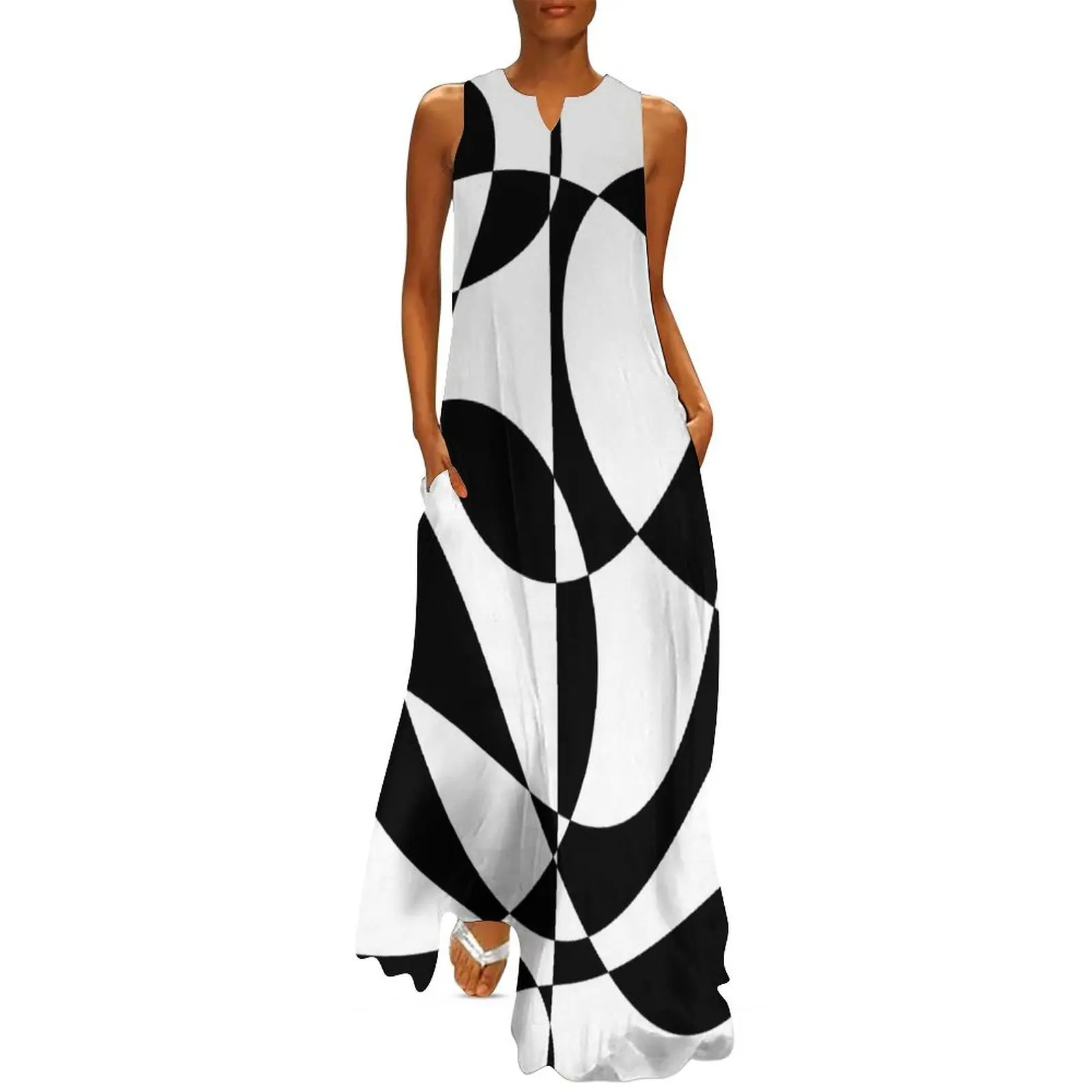 

1960's Black and White Abstract Long Dress summer dresses Clothing long sleeve dress Dress