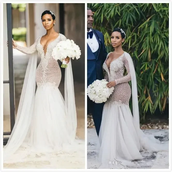 Personalizado brilhante africano sereia vestidos de casamento profundo decote em v ilusão contas cristal país vestidos de noiva de nov