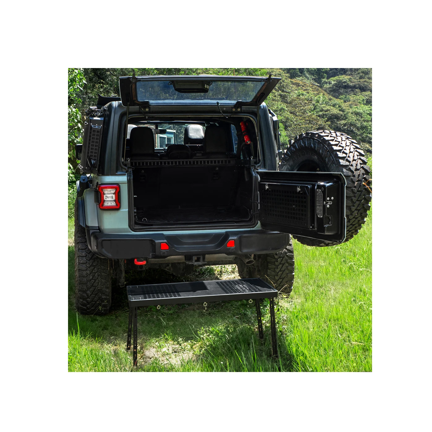 

Maiker Aluminum Tacmolle Multi-function Rear Frame Storage With Rail With A Foldable Table For Jeep Wrangler JL Car Accessories