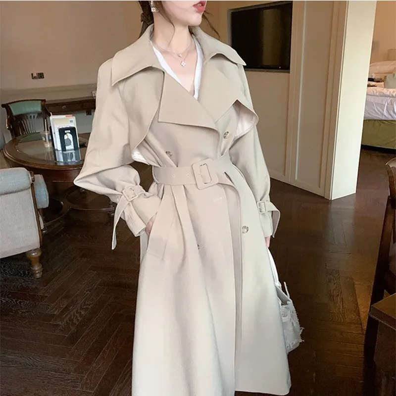 

Beige Trench Coat For Women Cropped Collar Wide Shoulder Windbreaker Fall Commuting Daily Notched Sleeve Office Outerwears Coats