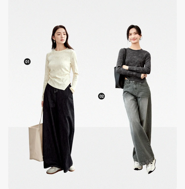 SENTUBILA Baumwoll-Druck-T-Shirt für Damen, Falten, unregelmäßiger Strick, Rundhalsausschnitt, lange Ärmel, einfache Crop-Tops, Frühjahr 2026, 151T58434 – Detail 17