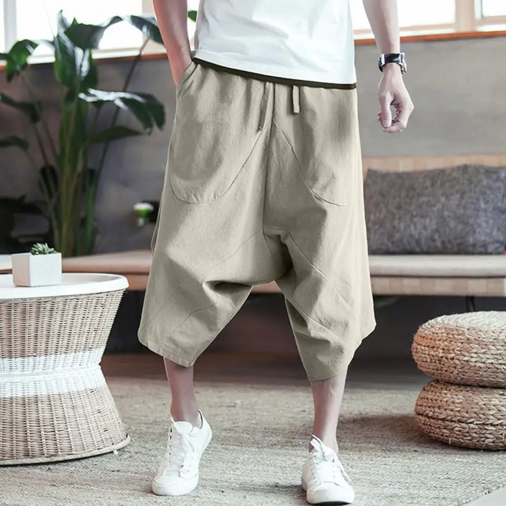 Fashion Men Pants All Match Calf length Solid Color Drawstring Loose Cropped Pants Casual 3/4 Trousers for Travel