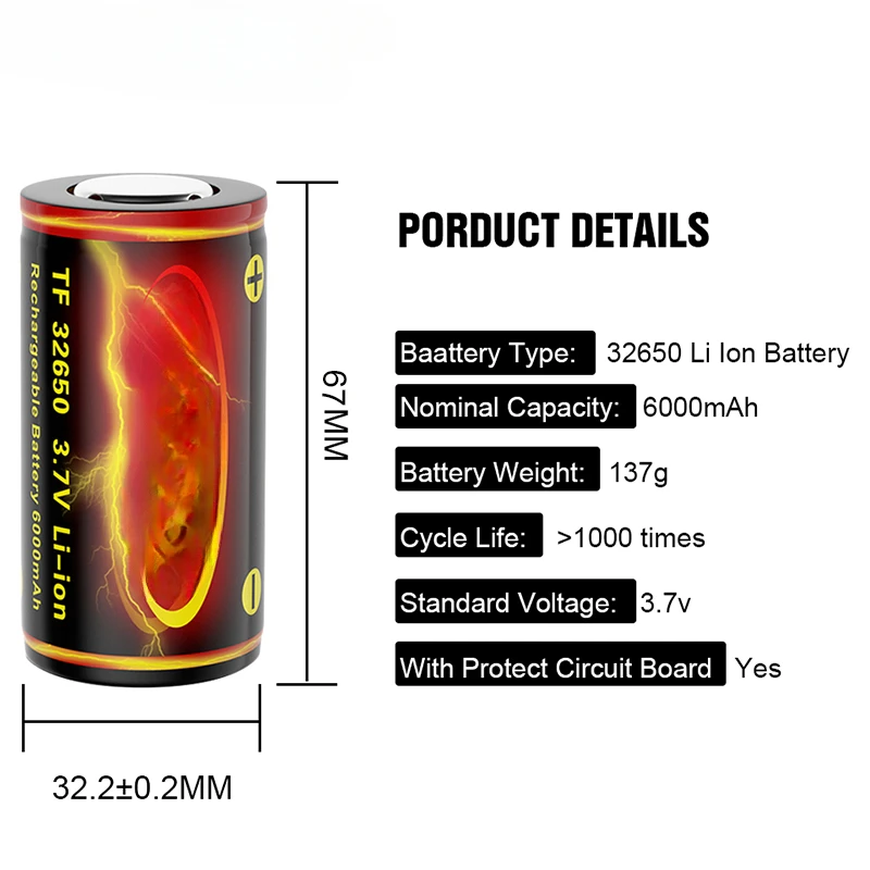 32650 Lithium-ion Battery 3.7V Rechargeable Li Ion Batteries with Protected Circuit Board Cells High Capacity 6000mAh