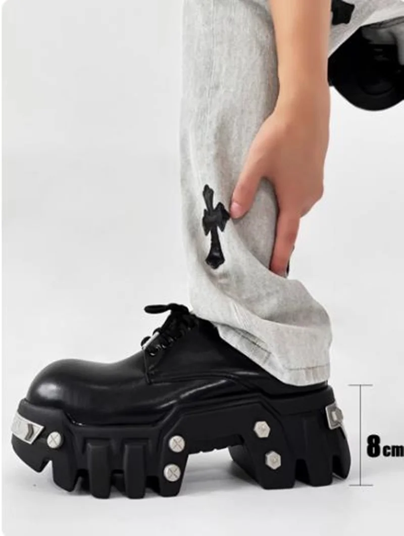 

Thick-soled Derby Shoes For Men 8cm Height-increasing Gear-soled Leather Shoes Big Round Toe Platform Shoes Men Shoes For Youth