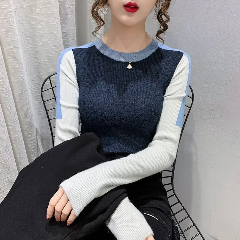 Spring Autumn Fashion Round Neck Long Sleeve Pullovers Women\'s Clothing Patchwork Color Blocking Casual Knitting bottoming shirt