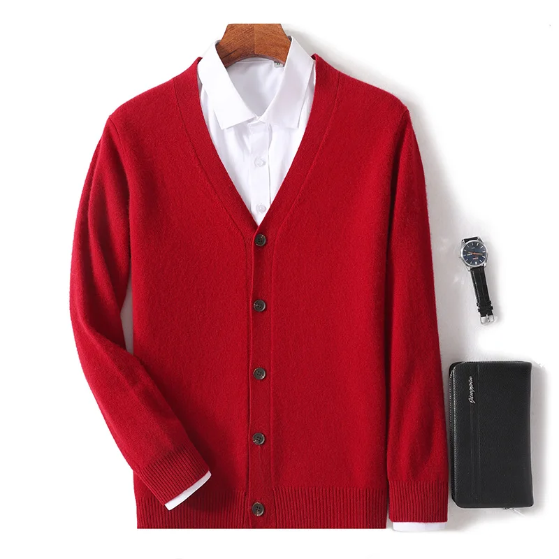 

Autumn And Winter 100% Wool Cardigan Men's V-neck Solid Color Sweater Business Casual Coat Knitted Bottoming Shirt