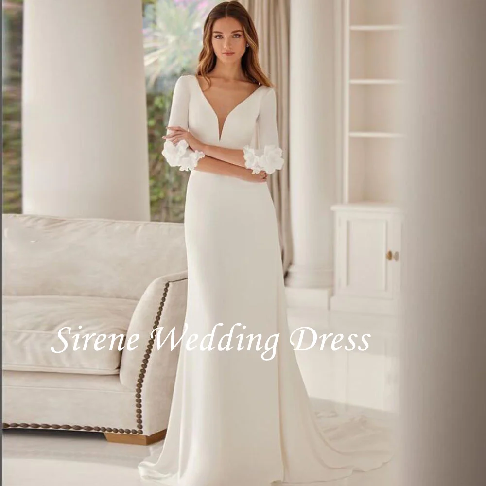 Customized Elegant V-Neck Wedding Dresses For Women 2025 Long Sleeves Bridal Gown Sweep Train Robe De Mariée