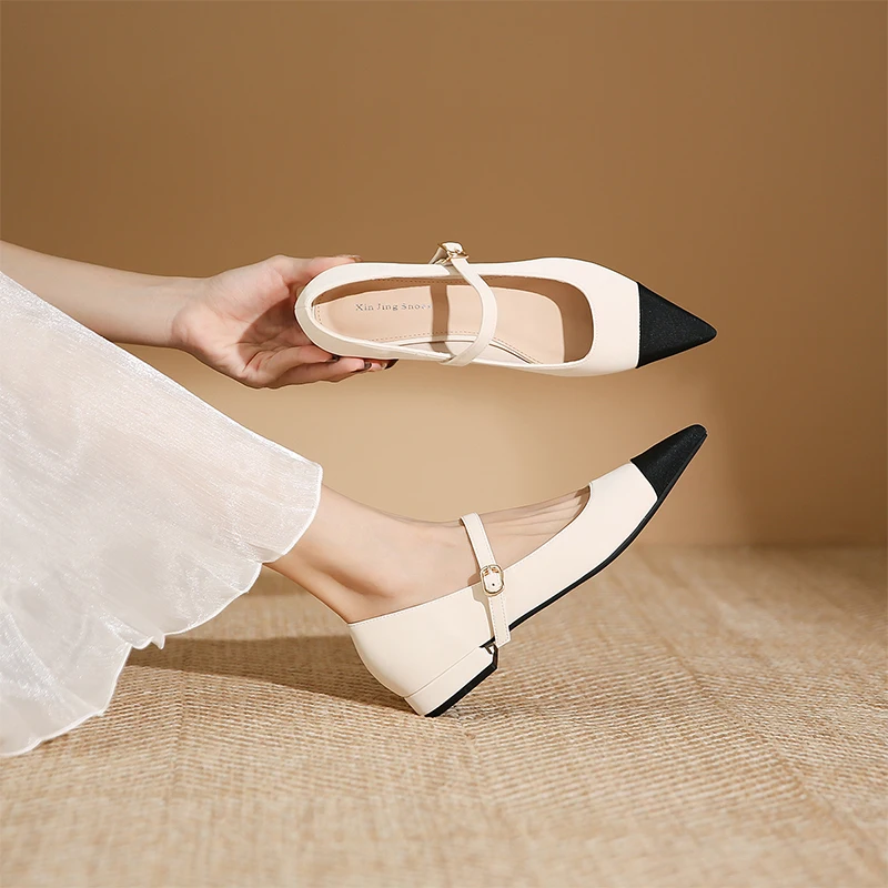 Flat-soled single shoes, women's one-word buckle shoes, small fragrant, pointed, low-heeled, shallow shoes.