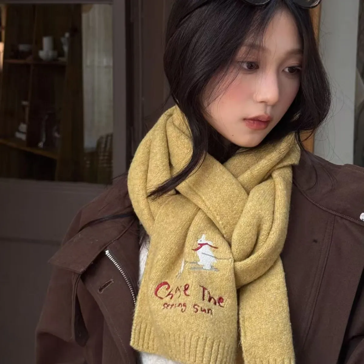 Fashion Embroidered Ski Bear Scarf 2025 New Women Student Winter Warm Knitted Letter Scarf Unisex Neckwear
