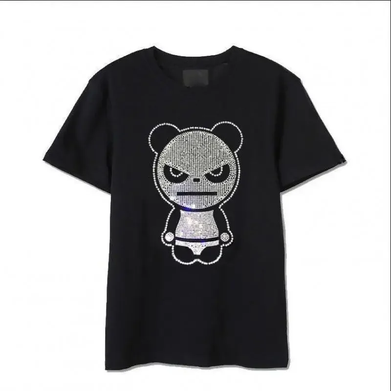 

Women's Short-Sleeved T-Shirt with Rhinestones, Style Fashion Panda Print Graphic. High Quality Casual Large Size Youth Clothing