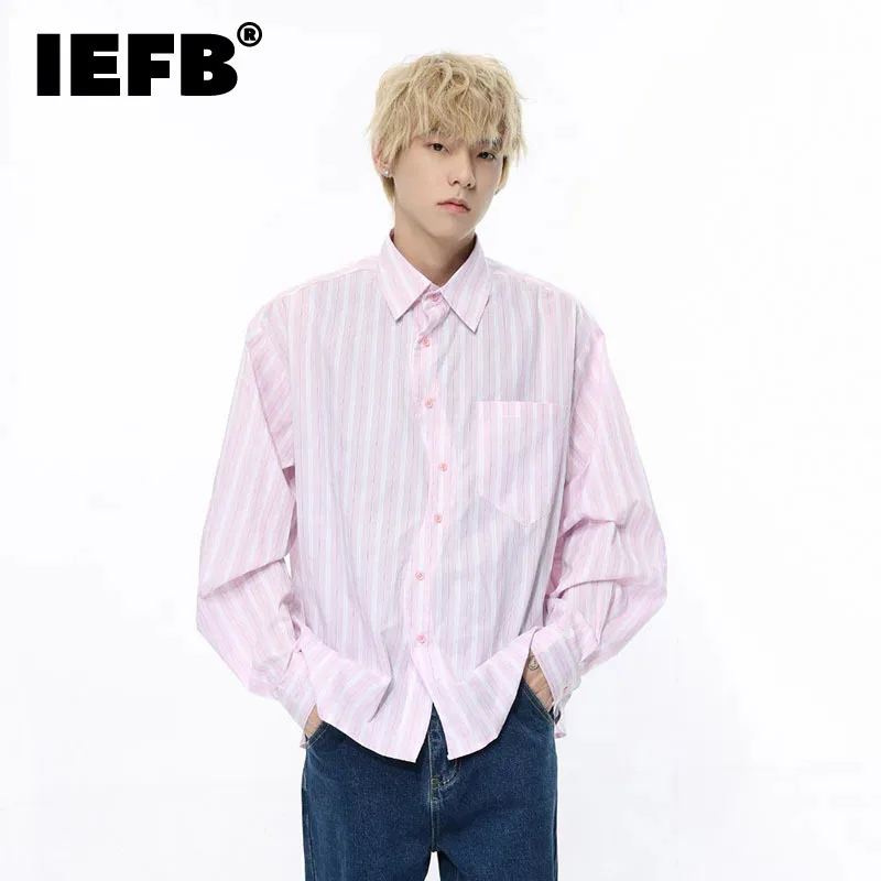 

IEFB 2024 Autumn Men's Shirt Clothing Long Sleeve Top Korean New Cardigan Simple Stripe Trendy Pocket Casual Loose 9C5185