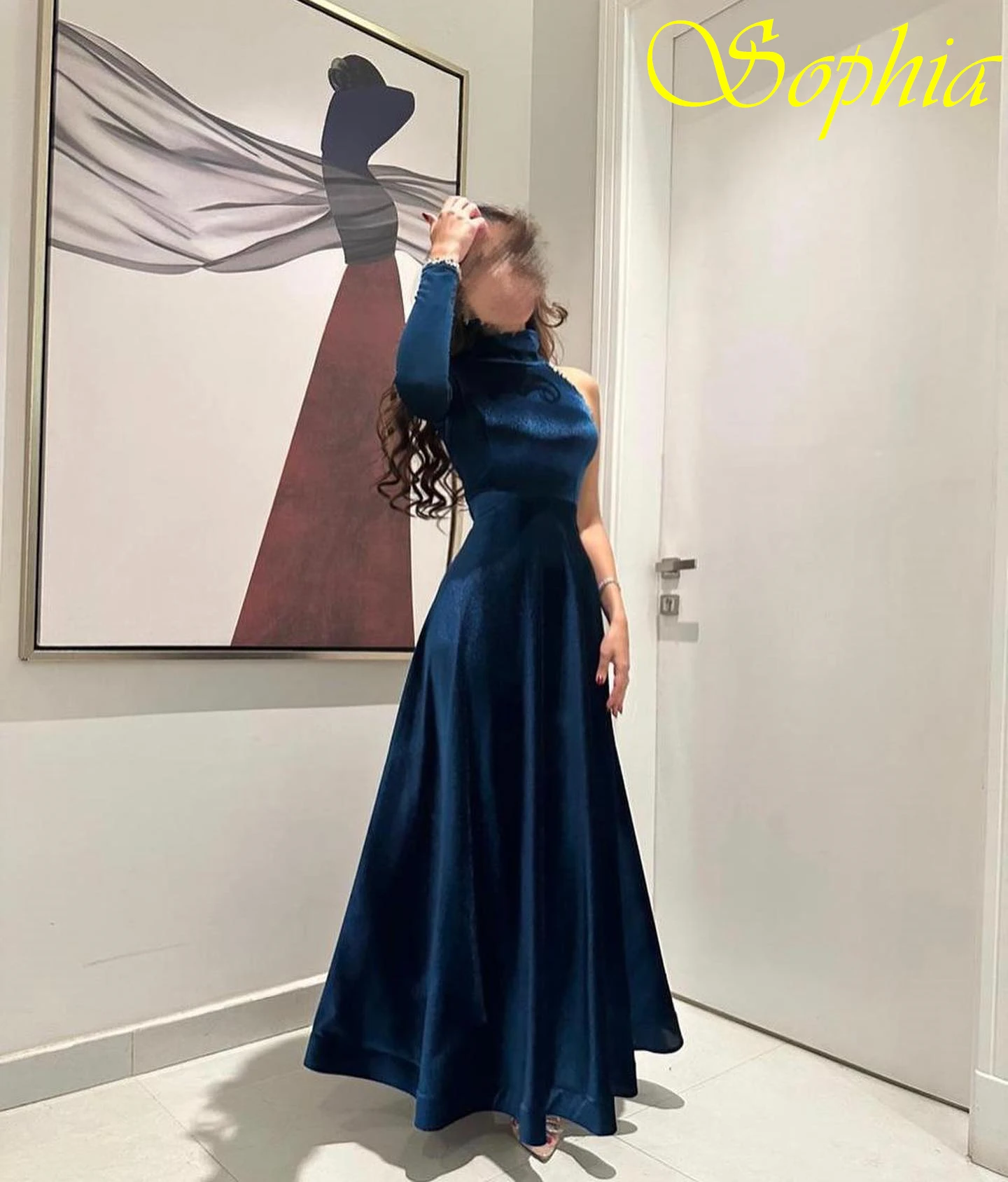 فستان سهرة أنيق مخصص على شكل حرف a بكتف واحد وأكمام طويلة، فساتين مناسبة مخصصة حساسة، فساتين المشاهير #3