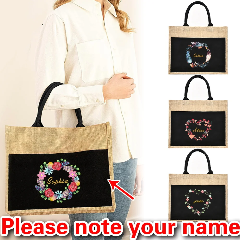 

Customizable Name Repeatable Single Shoulder Handbag Women's Shopping Bag Linen Handbag Grocery Shopping Handbag