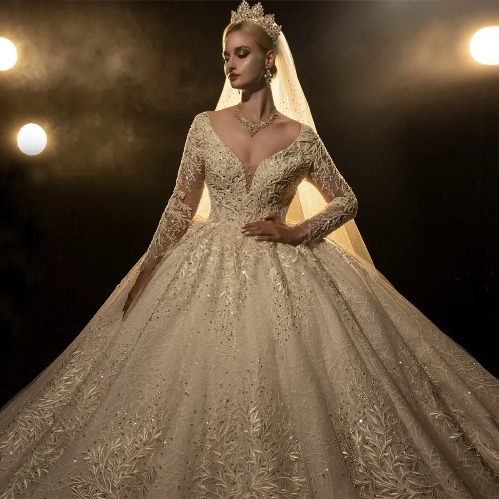 Customized  Luxury Square Neck Beaded Pearl Embroidery Shiny Women  Wedding Dress  Chapel Forma Bridal Gown Vestido De Novia