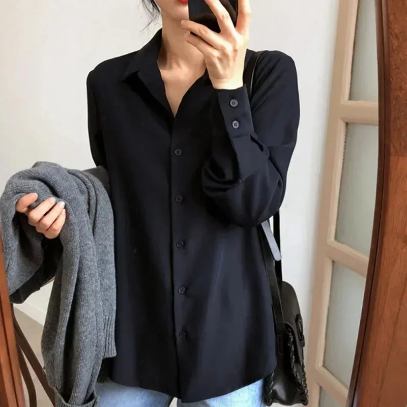 Black Korean New Spring Fashion Women Tops Blouse White Blouse Bottom Shirt Chiffon Shirt Office Lady Clothes All-match 11397