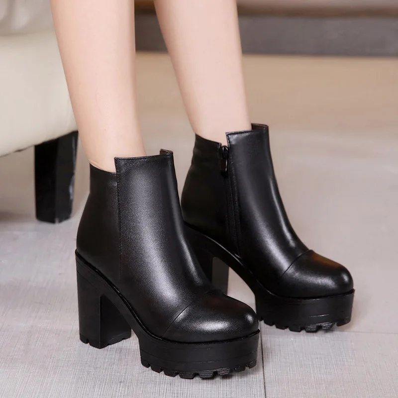 High quality short ankle leather boots for women 10cm high heel platform new 2024 autumn winter 32 33 42 43 elegant shoe black