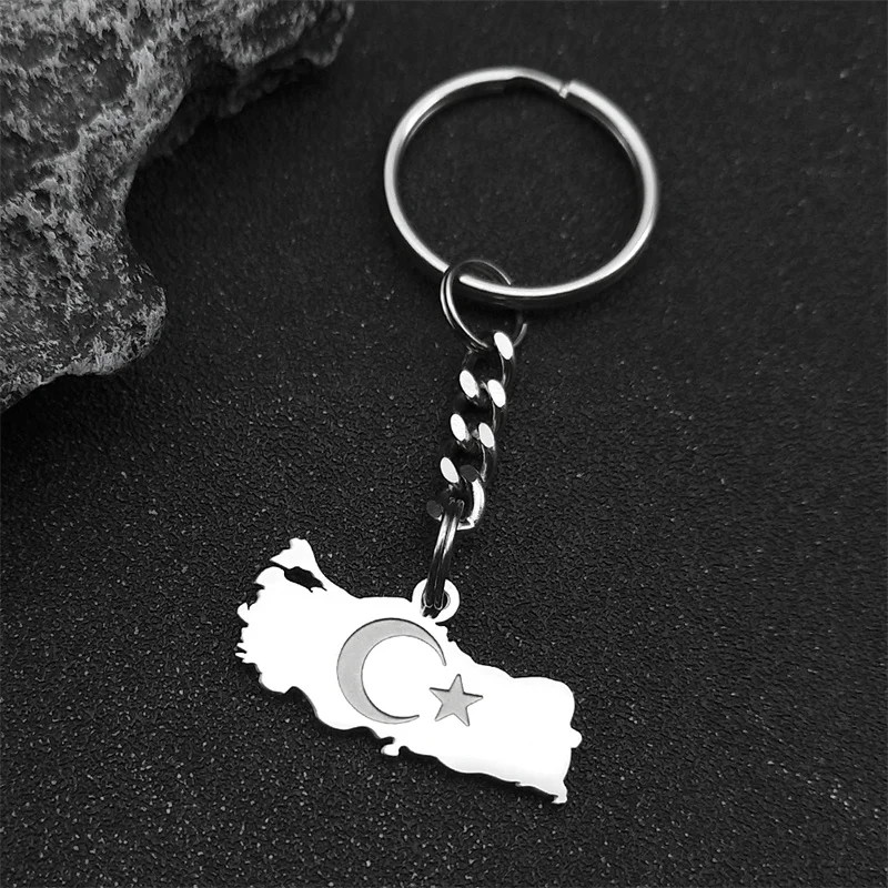Ethnic Turkey Map Flag Keyring For Men Women Stainless Steel Gold Silver Color Turkish Country Map Moon Star Keyholder Jewelry G view 2
