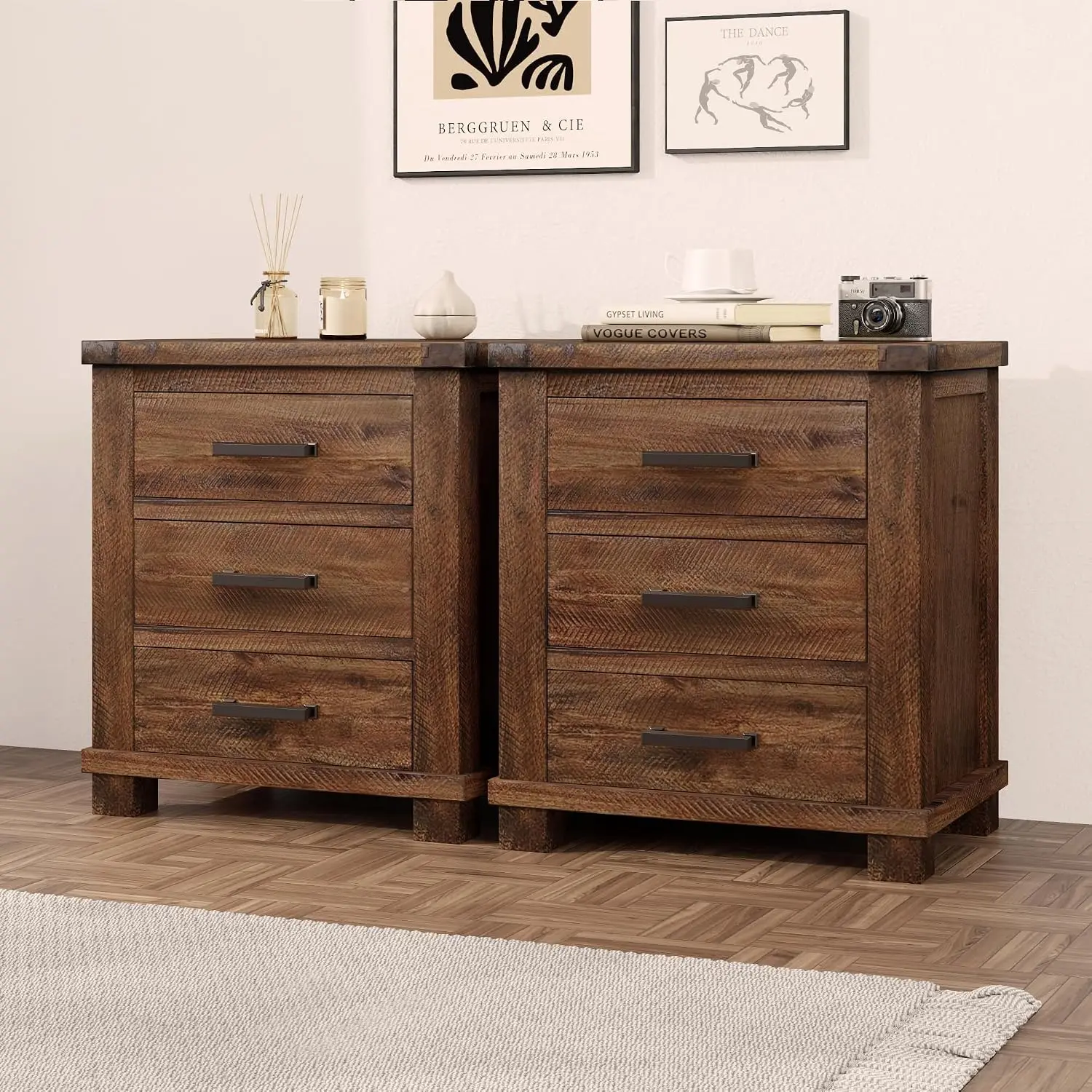 Farmhouse Nightstand With 3 Drawers, Wood Bedside Table With Metal Handles, Fully Assembled, Natural 2-Piece, Customized