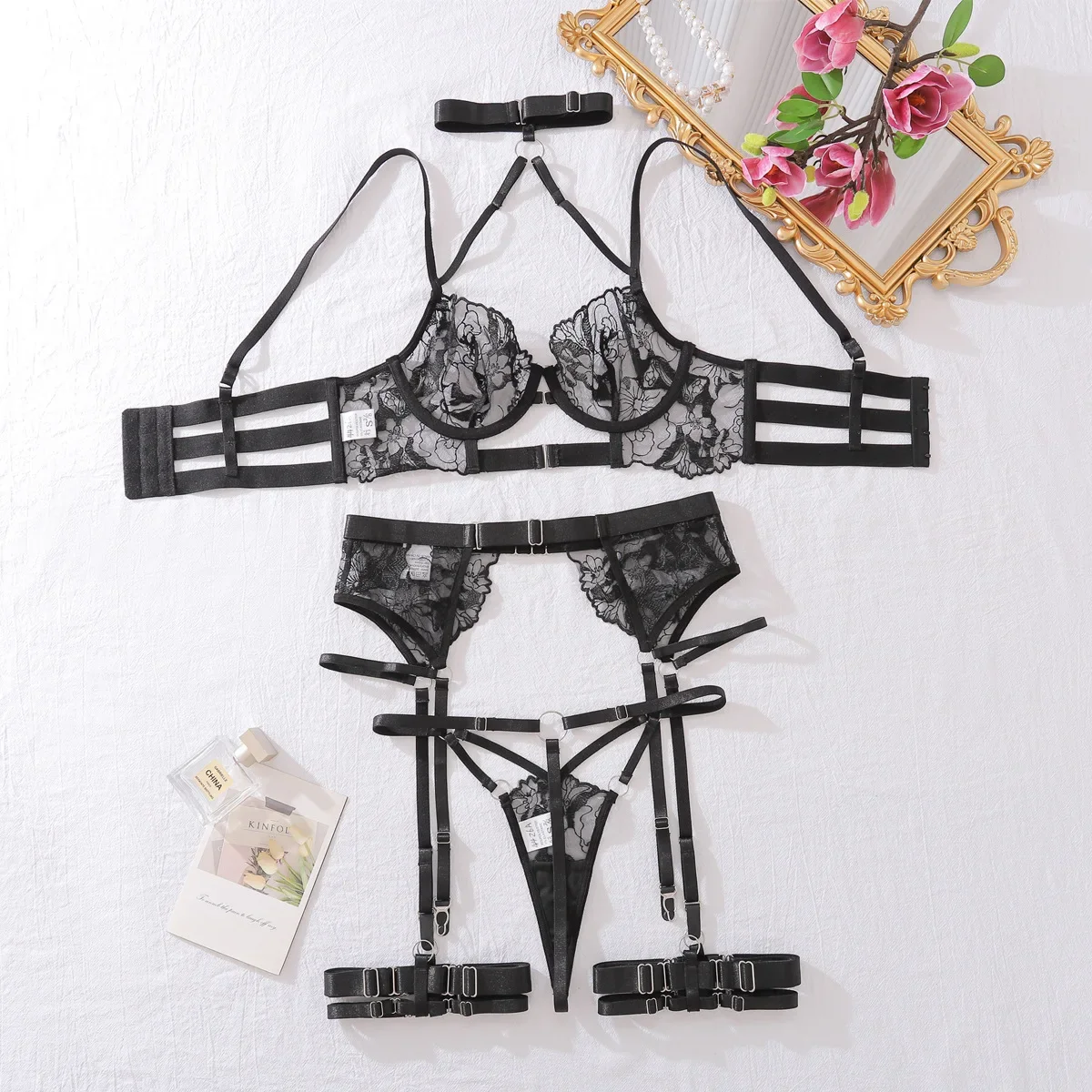 European and American 2025 sexy lingerie set, women's clothing embroidery garter belt, fashionable and popular new style