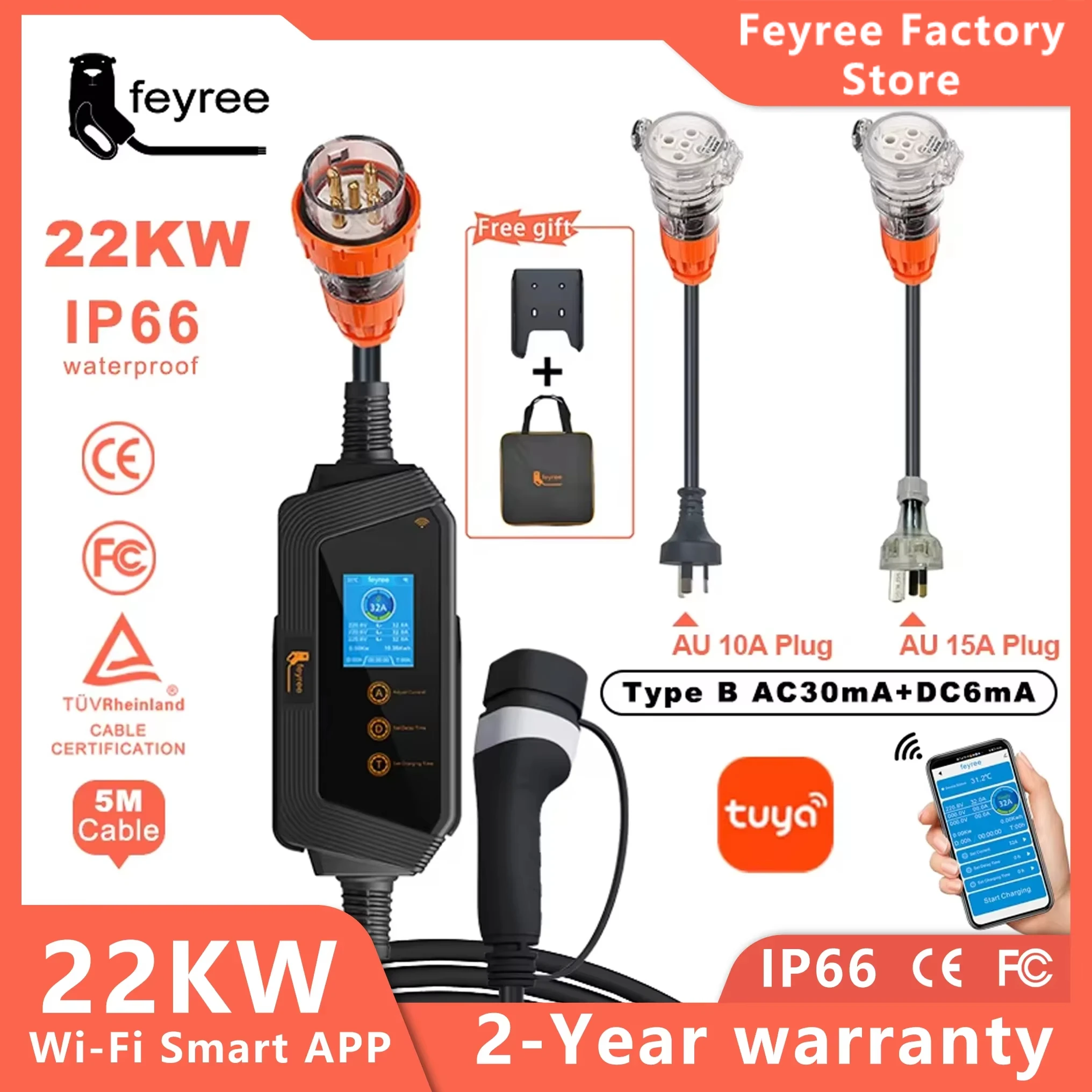 Feyree 22KW 32A 3 Fase Type2 Carregador EV Portátil Wi-Fi APP Controle EVSE Caixa de Carregamento com Plugue AU 5 pinos para Carregador de Carro Elétrico