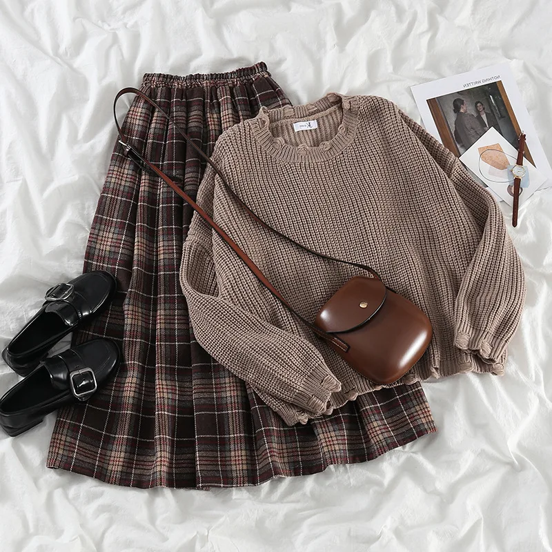 Autumn Winter Women\'s Long Skirt Suits Fashion Chic Knitted Set Loose Casual Pullover Sweater Top Vintage Brown Plaid Skirt 2pcs