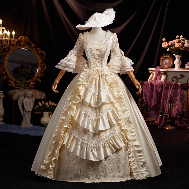 Customized Champagne Women Medieval Court Evening Dresses Lace Shiny Renaissance Masquerade Costume Theater Prom Party Gowns