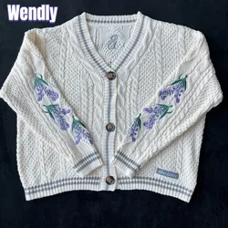 Purple Flowers Cardigan Women Vintage Wisteria Embroidered Knitted Cardigan Female 2024 Autumn Winter Sweater Folklore Girl Tops