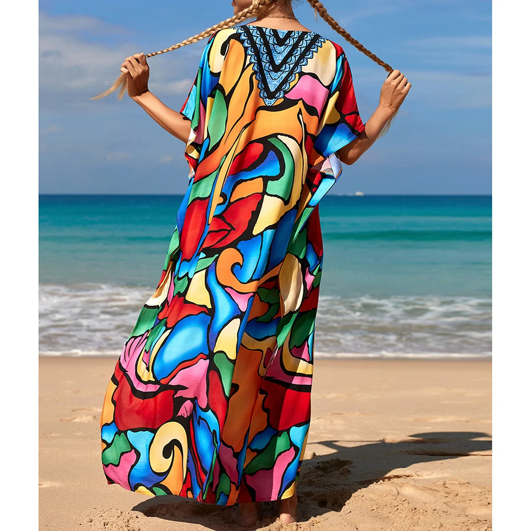 2026 Neues Buntes Kaftan-Tunika Strandkleid Strandmode Strandüberwurf Locker Sitzendes Maxikleid für Damen V4428 – Detail 17