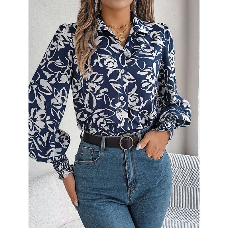 

Krisnanas Women's Stylish Tops 2024 New Long Sleeves Loose Buttoned Contrast Color Elasticity Flower Print Lapel Blouses&shirts