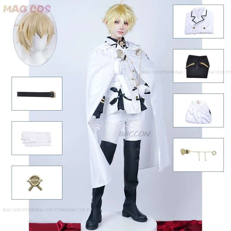 

Anime Seraph Of The End Cosplay Mikaela Hyakuya Cosplay Costume Halloween White Cloak Trench Coat Pants Gloves Wig Uniform Play