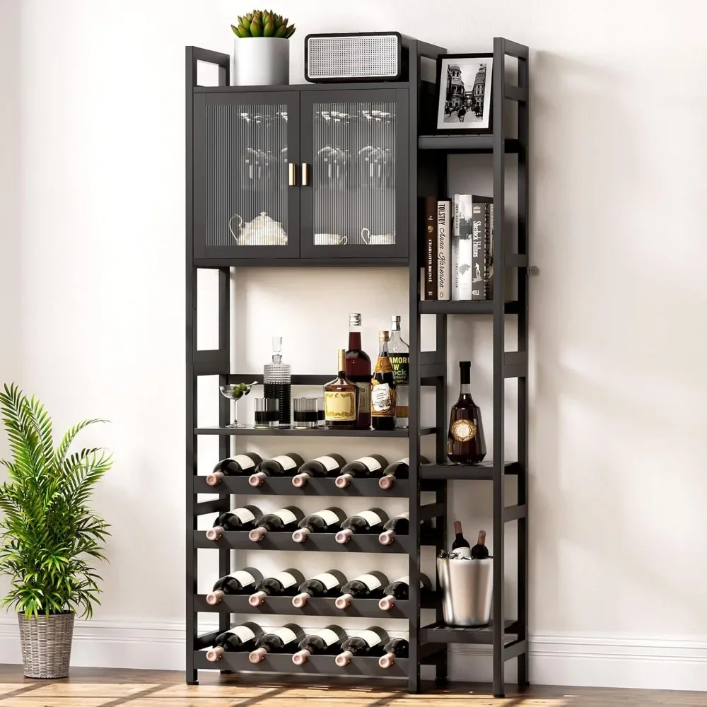 Wine Rack ,Liquor Bottle Display Shelf with Doors Glass Holder,4 Tiers for Wine Bottle Holder and Side 4-Layer Shelf for Wine