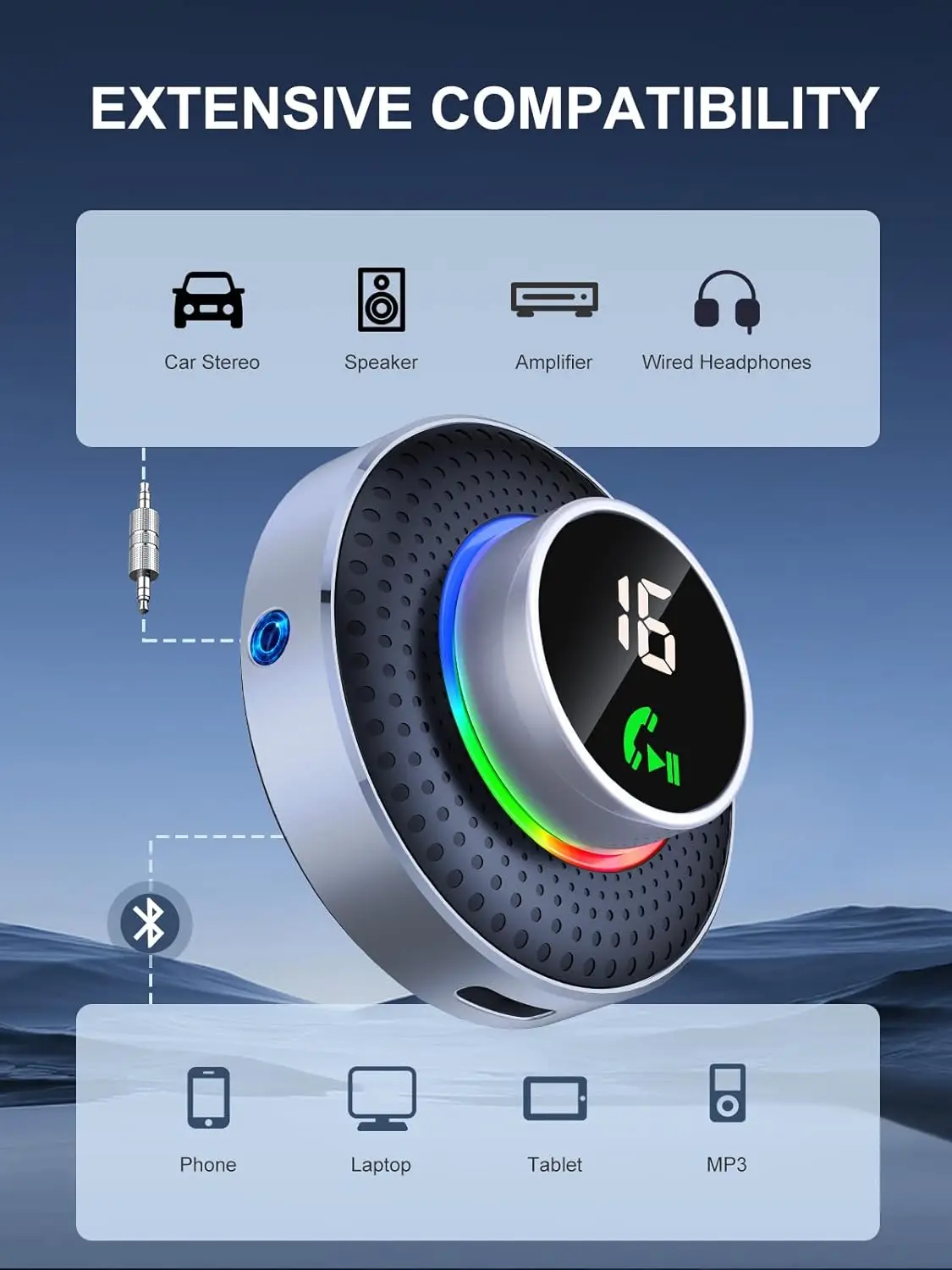 

Приемник Bluetooth 5.3 с большой кнопкой, LED-дисплеем, AUX-адаптером, стереофонический беспроводной приемник для домашних наушников 3,5 мм, поддержка Siri, функция громкой связи