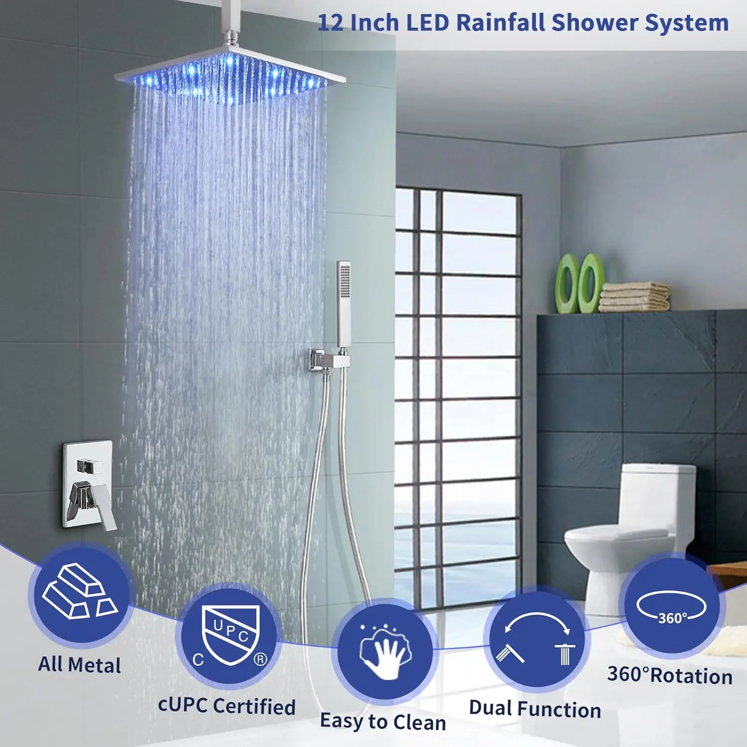 Polished Chrome Shower Faucet Set Rainfall Shower Head LED Shower Faucet Overhead Shower System Shower Head