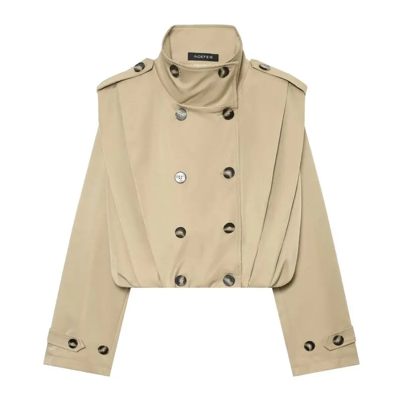 New 2026 Early Autumn Women's Fashion Long Sleeve Stand Collar Pleated Short Coat Jacket Commute Style Loose Fit Other Material