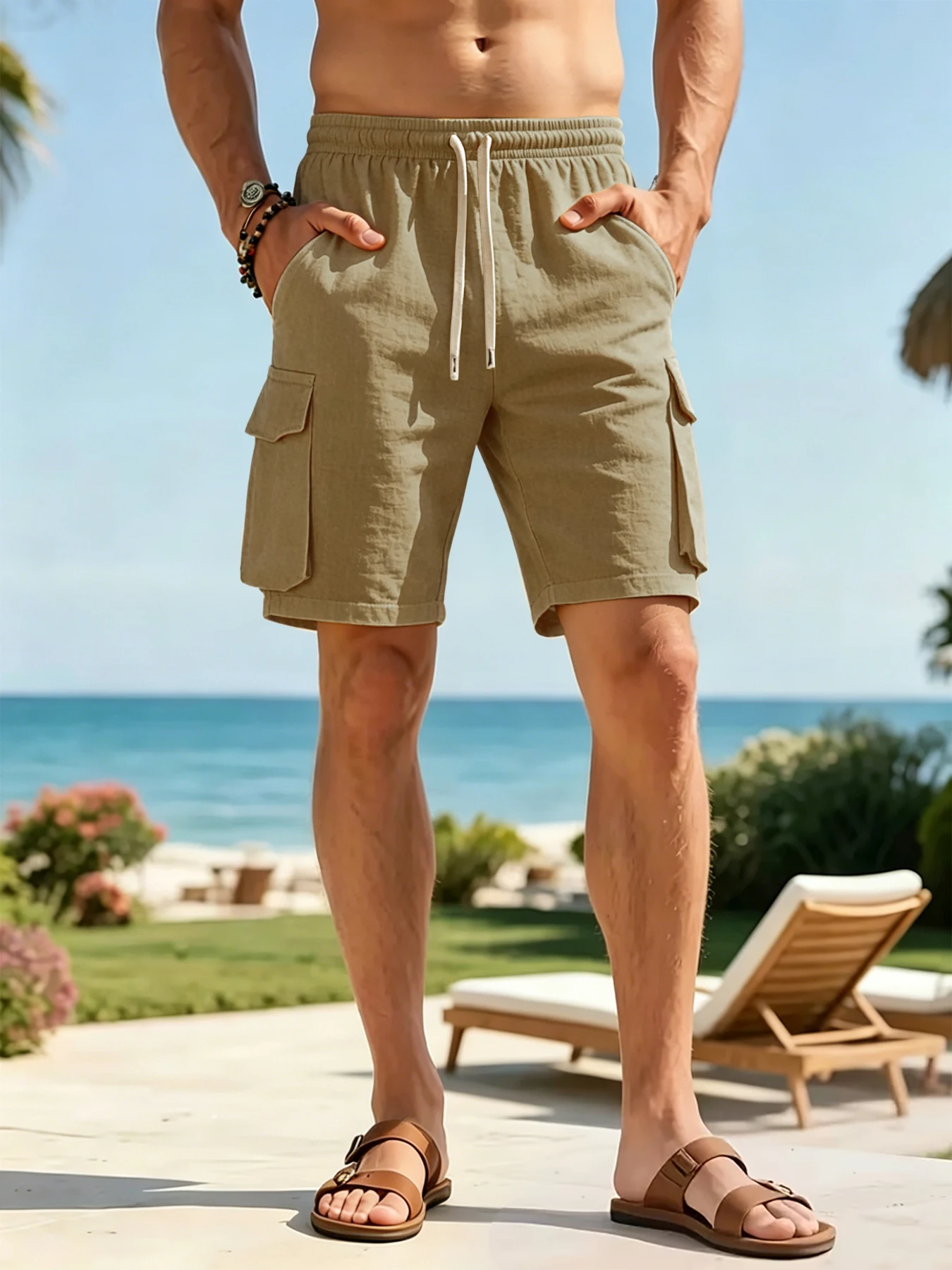 Hot Sale Men's Mature Straight Cargo 5-Inch Shorts, Lazy Vacation Casual Style, Draped Breathable Wrinkle-resistant Cotton-linen