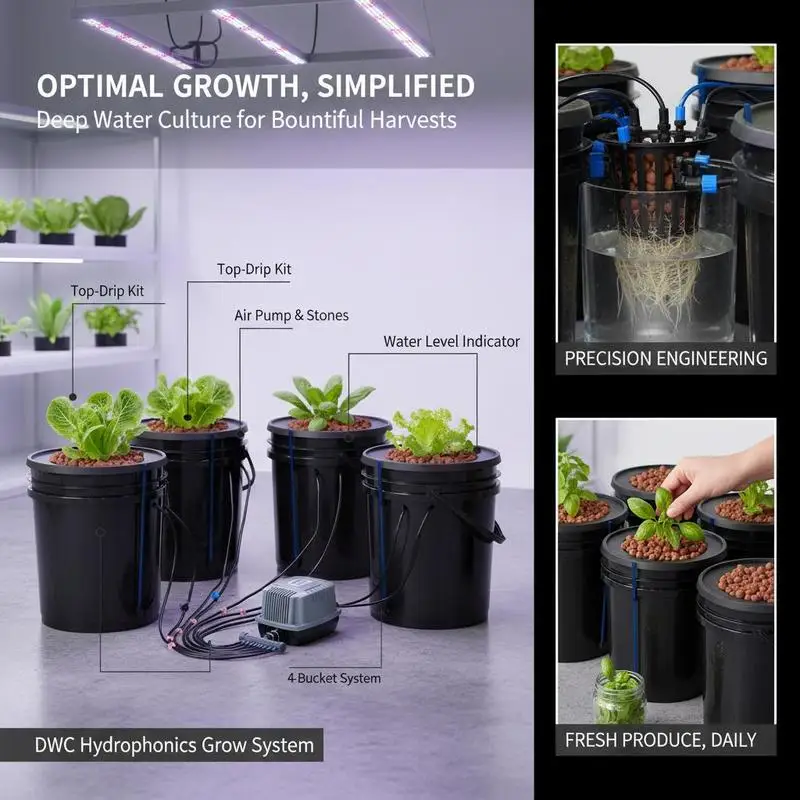 Système de culture hydroponique DWC, kit goutte-à-goutte supérieur, culture en eau profonde 20 L 4 seaux, avec pompe à air, pierres à air, dispositif de contrôle du niveau d'eau, pour légumes à feuilles