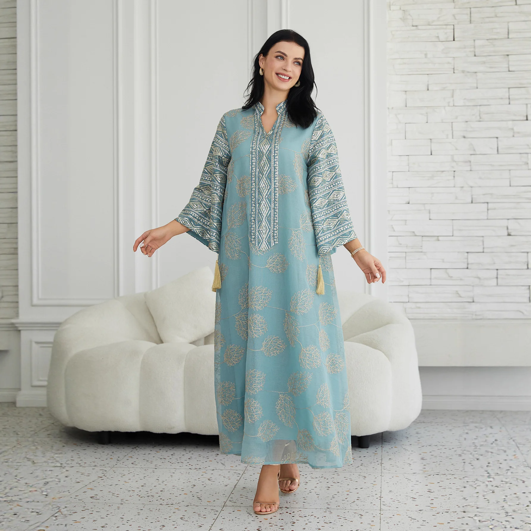 

Европейско-американская модная женская одежда: элегантная повседневная абайя с пайетками и вышивкой, трендовая, роскошная, больших размеров, с длинным рукавом