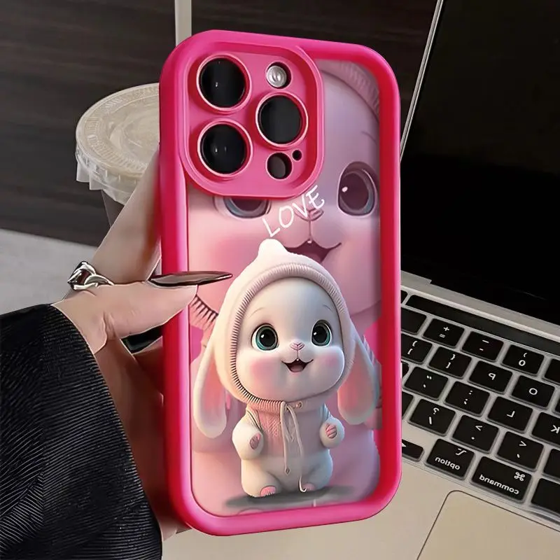 Cute Lovely Pink Rabbit Silicon Case For iPhone 16 15 14 13 12 11 Pro Max Mini XS XR X 8 7 Plus SE2 Shockproof Bumper Back Cover