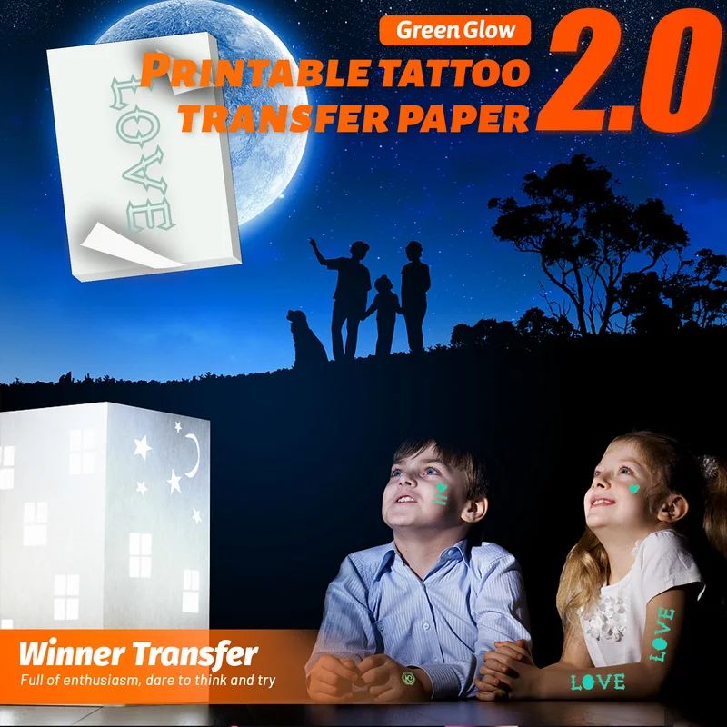 WinnerTransfer-papel de impresión de tatuajes temporales, Impresión de tatuajes de piel, verde, luminoso, para inyección de tinta o láser