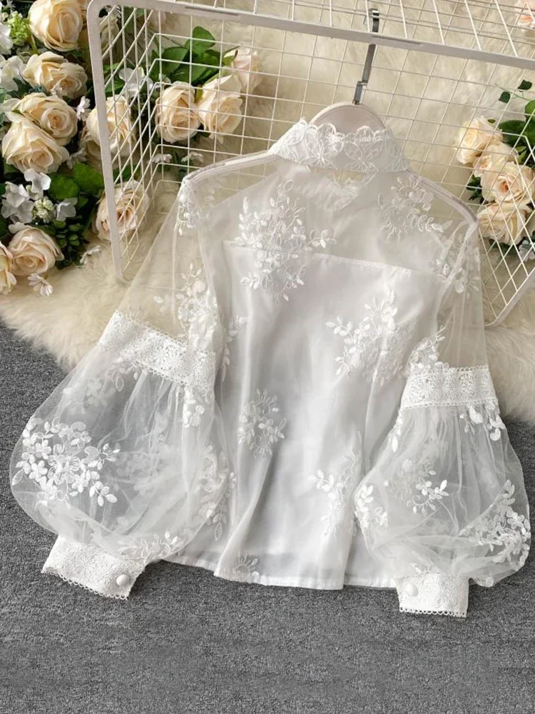 Women French Mesh Lace Blouse Stand Collar Three-dimensional Embroidered Puff Sleeves Court Style Slim Shirt Female Blusa PL610