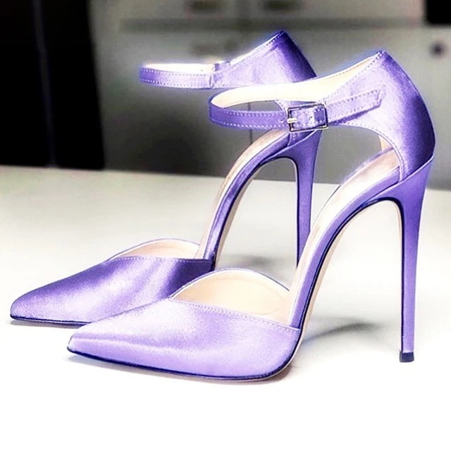 Фиолетовые королевские синие шелковые босоножки на высоком каблуке