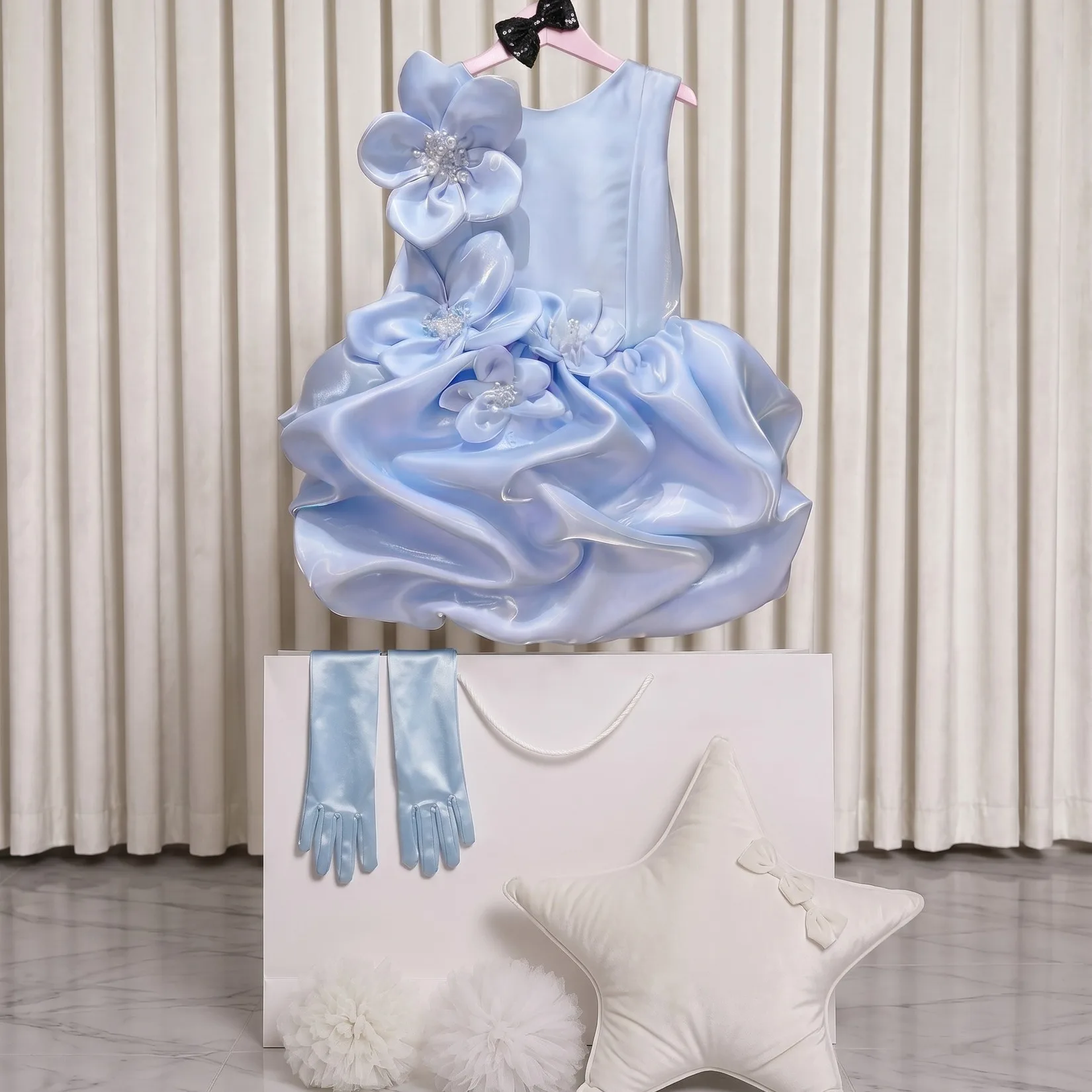 Cute Toddler Pageant Dress Sky Blue Organza Short Flower Girl Dresses Floral Luxury Short Princess Party Pageant Dress for Kids