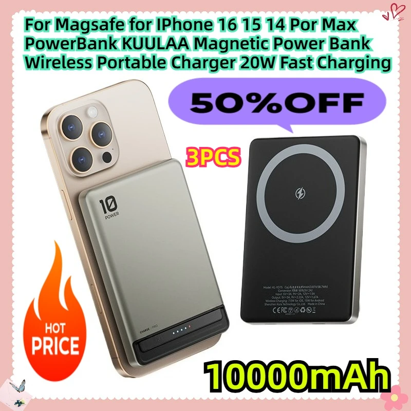 Voor Magsafe voor IPhone 16 15 14 Por Max PowerBank KUULAA Magnetische Power Bank 10000Ah Draadloze Draagbare Oplader 20 W Snel opladen