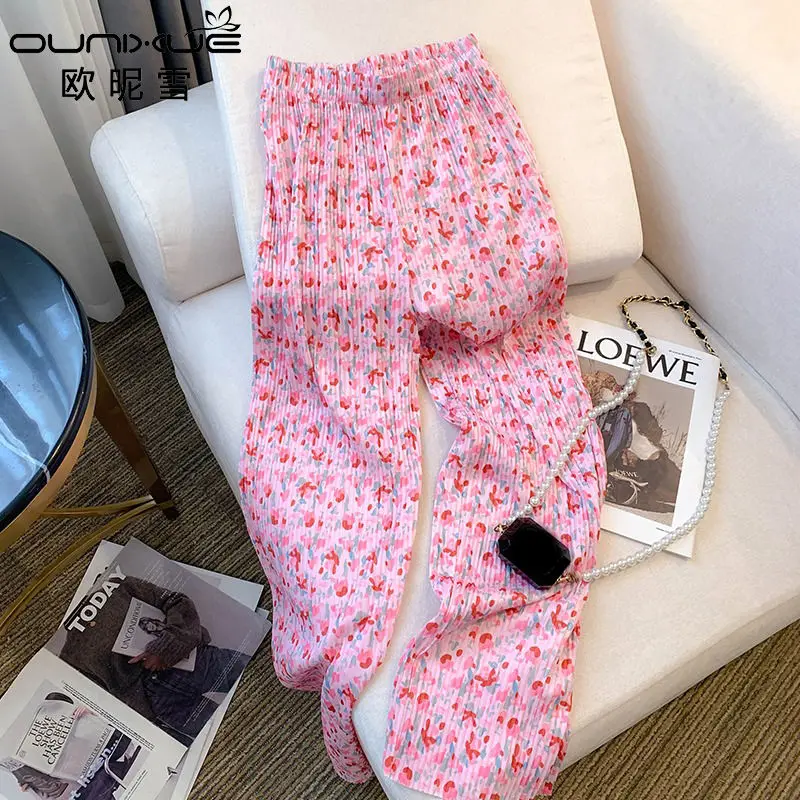 

Trouser floral floor mop pants, small, pink, high waisted, draped casual pants, pleated straight tube pants, summer