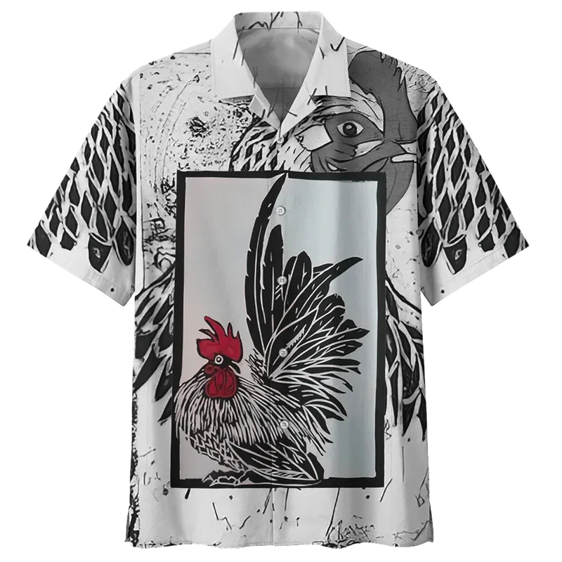 Vintage Chicken Pattern Hawaiian Shirt For Men 3D Printed Animal Rooster Short Sleeves Lapel Shirts Summer Street Button Blouses