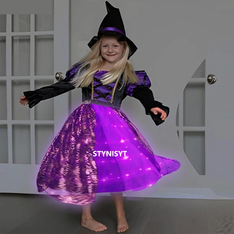 Halloween Child Girls  Witch Cosplay Costume LED Light Luminous Tulle Tutu Dress Witch Dress Up Carnival Party Witch LED Broom ﻿