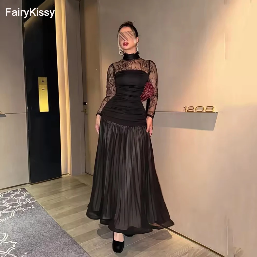 

FairyKissy Black Lace Evening Dress High Neck Full Sleeves A Line Prom Party Dresses Elegant Arabic Formal Occasion Dress