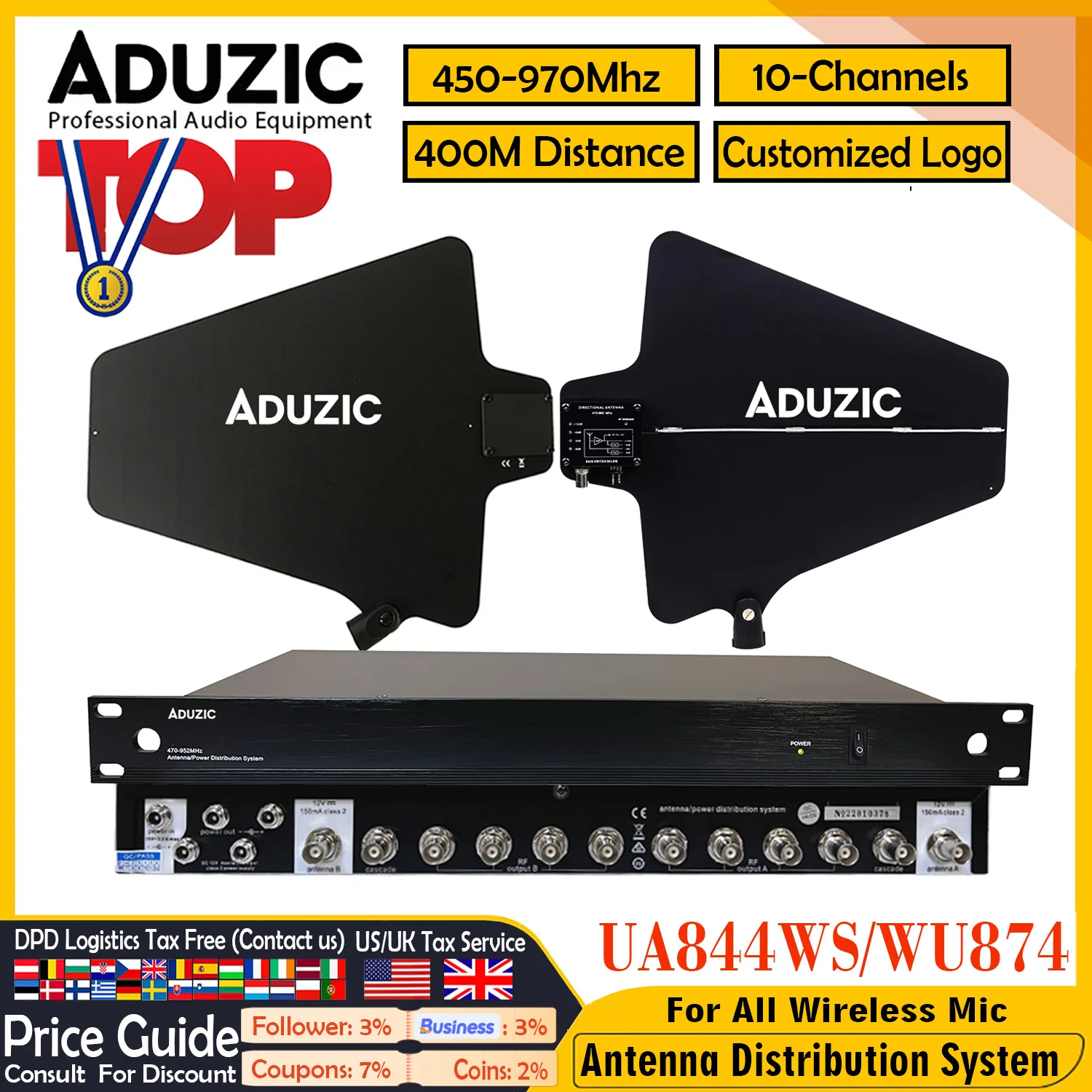 ADUZIC UA844 Signaalverdeler UHF Antena RF Signaalsplitter Voor Alle Draadloze Microfoon 450-960MHZ Antenne Distributiesysteem UA874