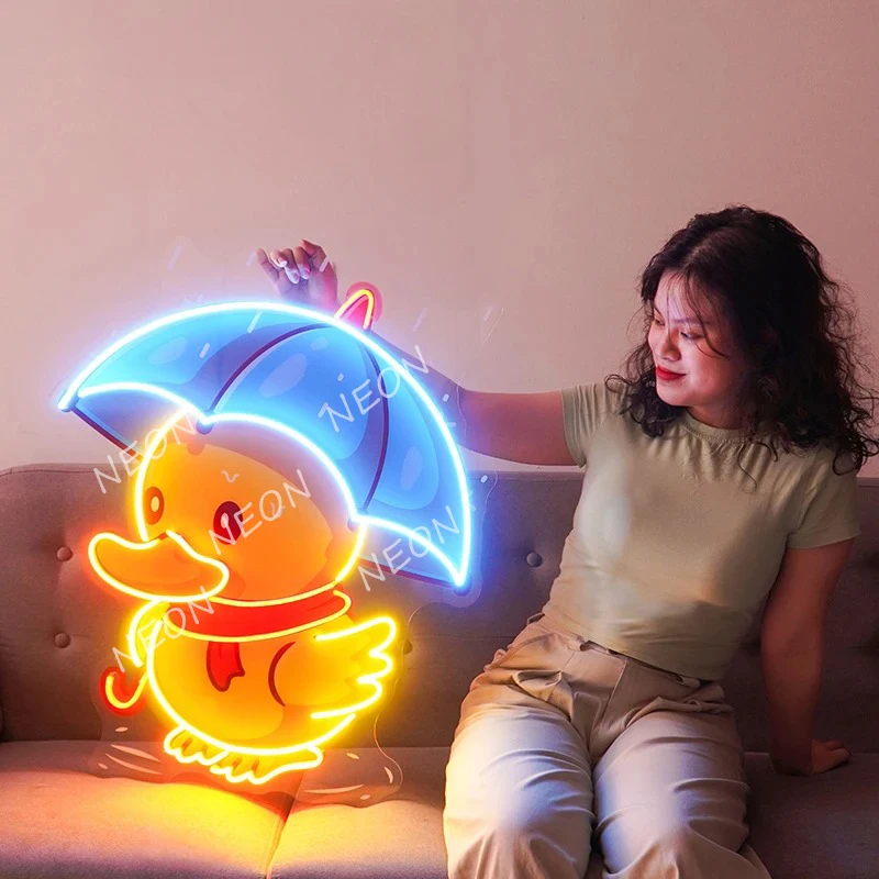 Cute Duck Holding Umbrella Light Sign UV Print Acrylic Signs Neon Artwork Bedroom Living Room Wall Art Neon Lights Gift for Kids